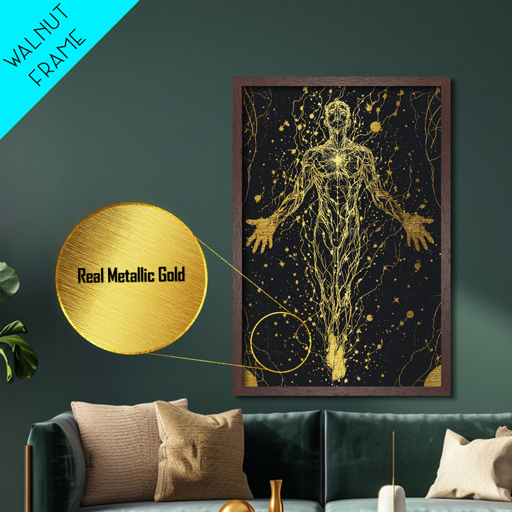 Metallic Gold Metal Print, Cosmic Human Energy Lines Art, Spiritual Awakening Wall Decor, Astral Mythology Artwork, Real Wood Frame
