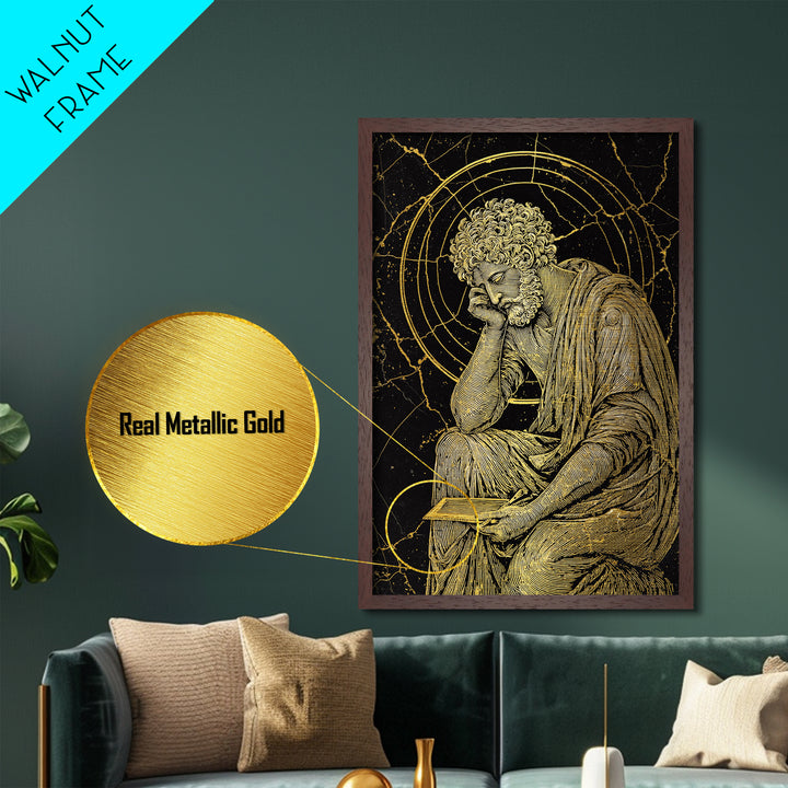 Metallic Gold Metal Print, Stoic Philosopher Sitting Art, Ancient Thinker Wall Decor, Roman Wisdom Artwork, Real Wood Frame