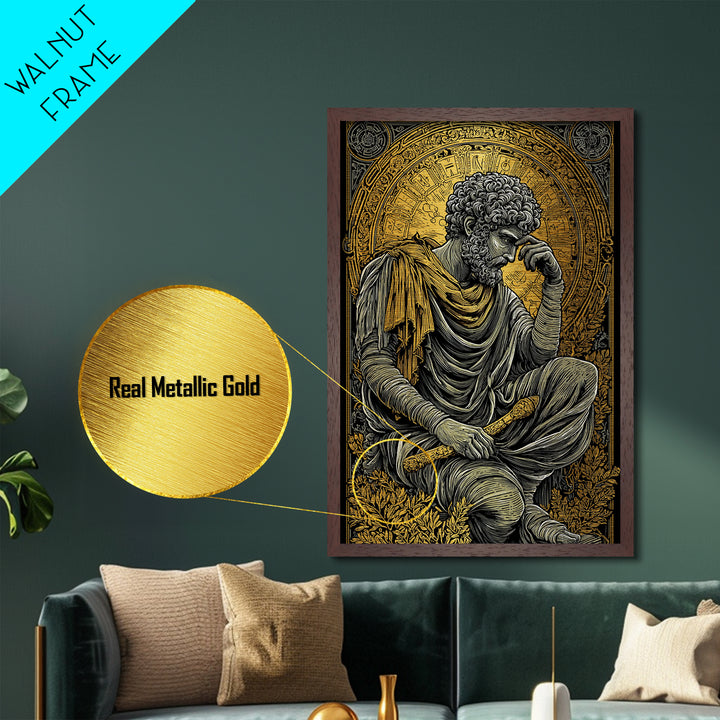 Metallic Gold Metal Print, Greek Philosopher Statue Art, Ancient Wisdom Wall Decor, Classical Thinker Artwork, Real Wood Frame
