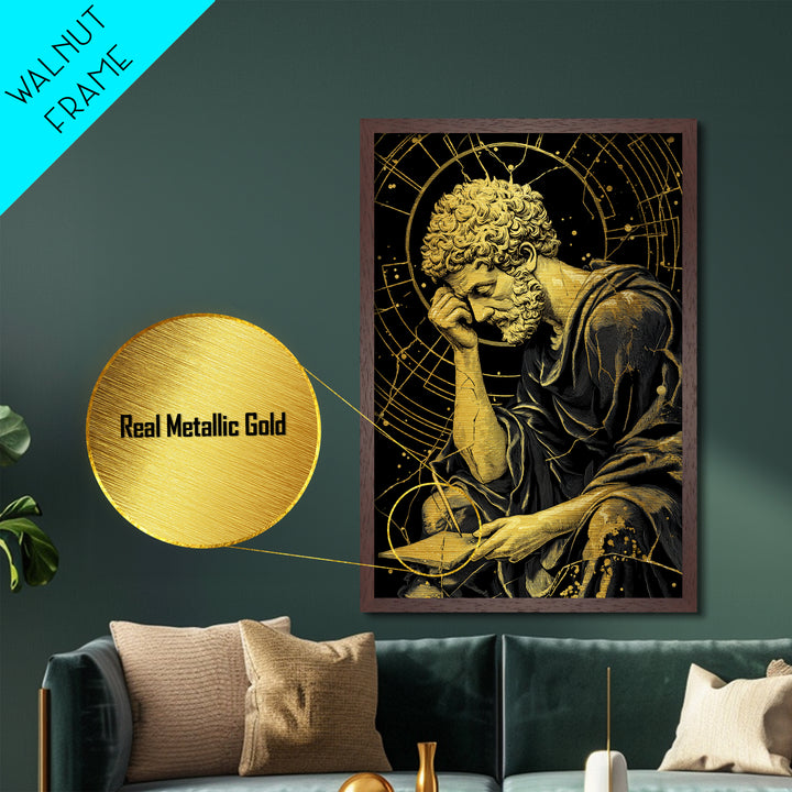 Metallic Gold Metal Print, Pensive Philosopher Study Art, Ancient Scholar Wall Decor, Roman Thinker Artwork, Real Wood Frame