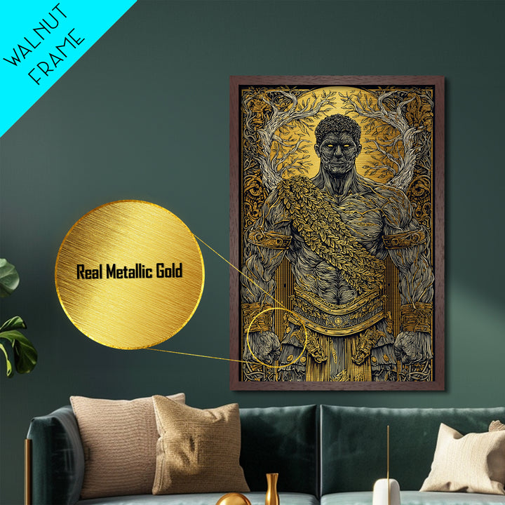 Roman Warrior Metallic Gold Metal Print, Ancient Strength Wall Art, Mythology Inspired Decor, Luxury Home Accent, Real Wood Frame