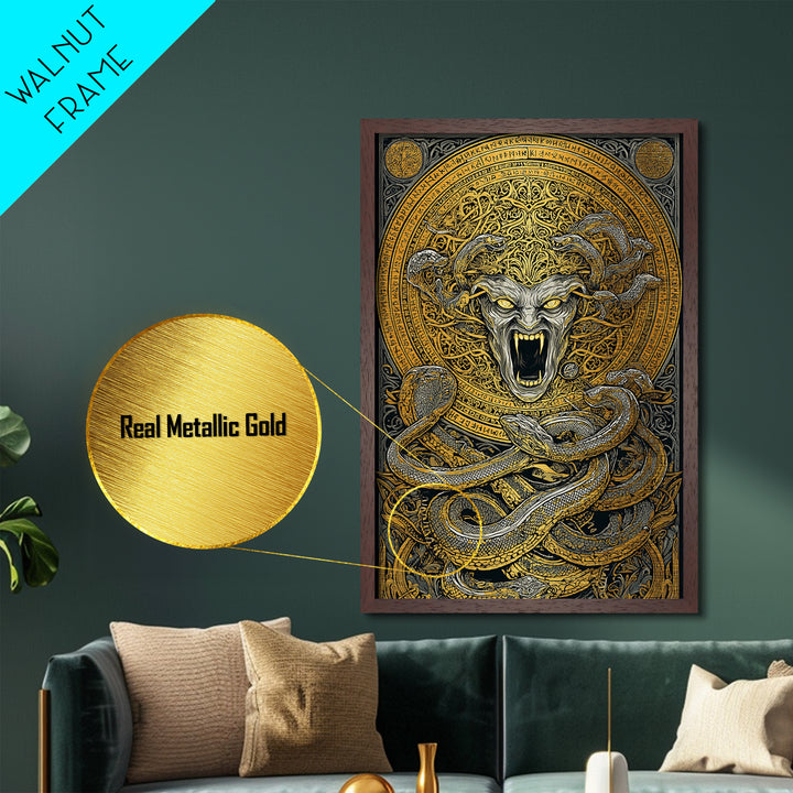 Medusa Serpent Metallic Gold Metal Print, Mythology Wall Art, Fierce Gorgon Decor, Greek Goddess Inspired Artwork, Real Wood Frame