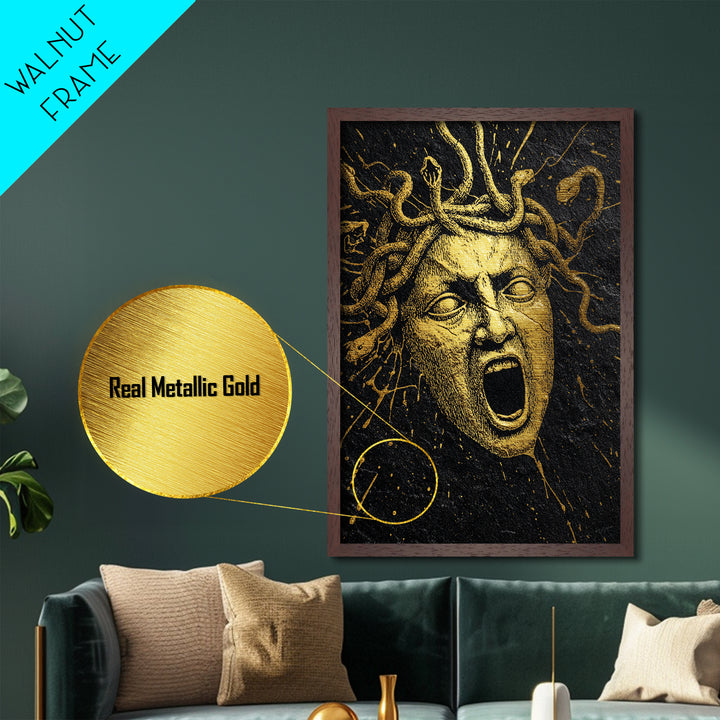 Medusa Face Metallic Gold Metal Print, Mythology Wall Art, Serpent Haired Gorgon Decor, Dark Fantasy Greek Artwork, Real Wood Frame