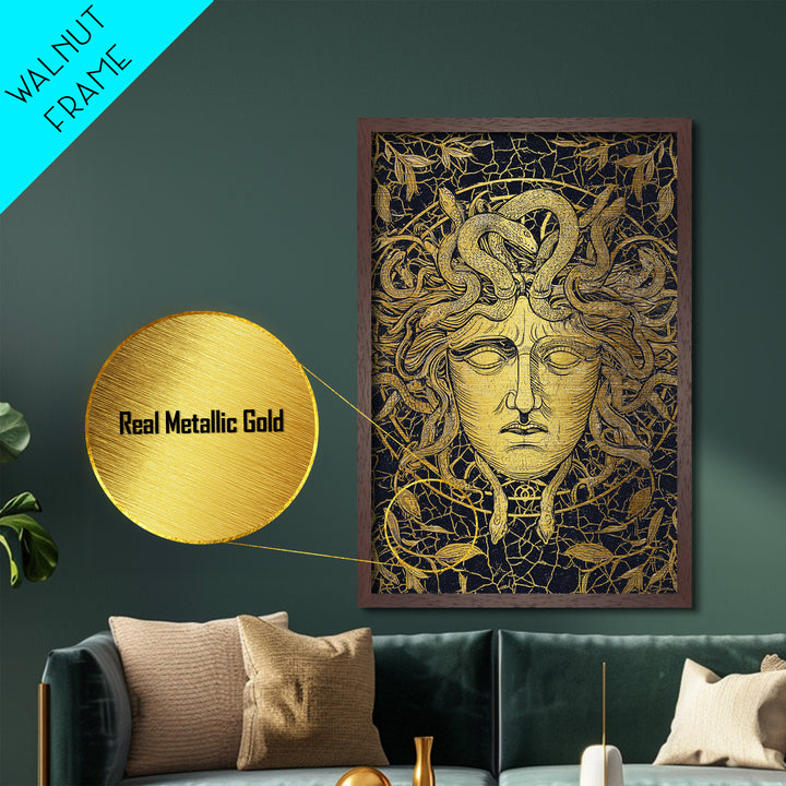 Medusa Head Metallic Gold Art, Mythology Wall Print, Snake Hair Decor, Fierce Ancient Greek Gorgon Artwork, Real Wood Frame