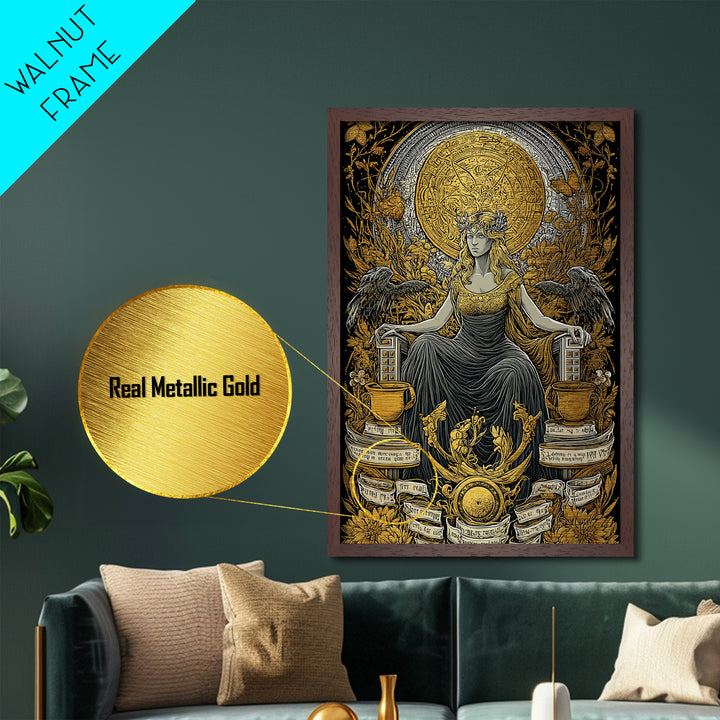 Goddess Throne Metallic Gold Metal Print, Mythology Wall Art, Divine Queen Decor, Ancient Inspired Spiritual Artwork, Real Wood Frame