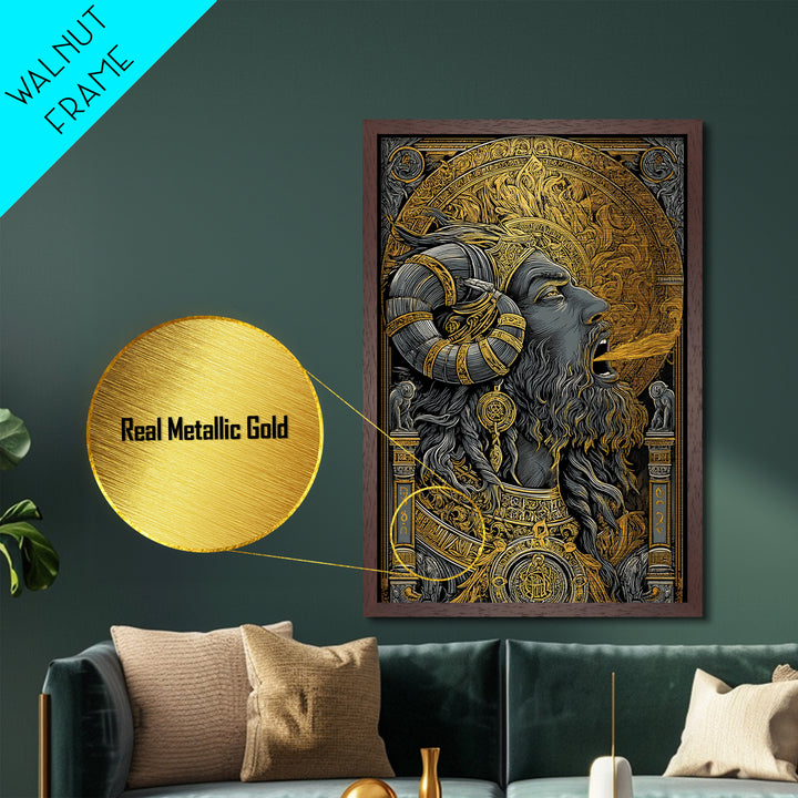 Horned God Metallic Gold Metal Print, Mythology Wall Art, Fire Breathing Deity Decor, Pagan Inspired Spiritual Artwork, Real Wood Frame