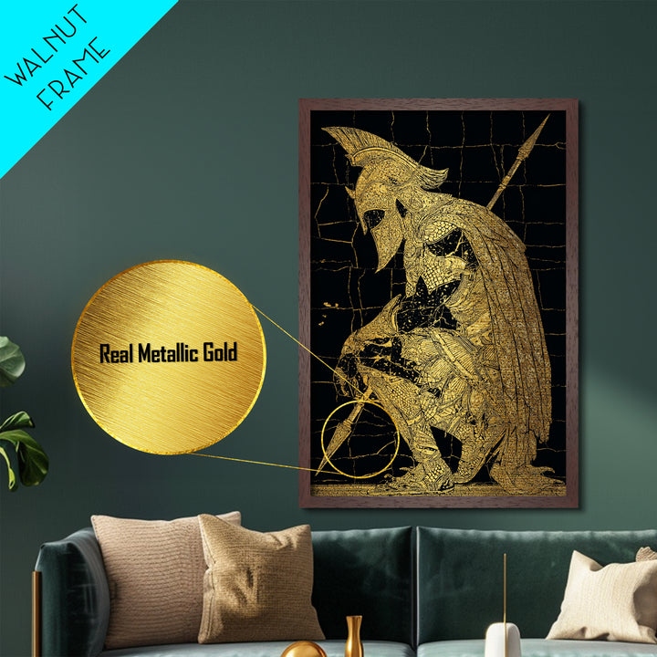 Snake Goddess Medusa Metallic Gold Metal Print, Mythology Wall Art, Serpent Monster Artwork, Ancient Fantasy Decor Real Wood Frame