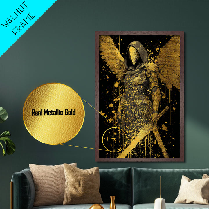 Medusa Serpent Head Metallic Gold Metal Print, Classical Myth Wall Art, Ancient Monster Artwork, Legendary Creature Decor Wood Frame