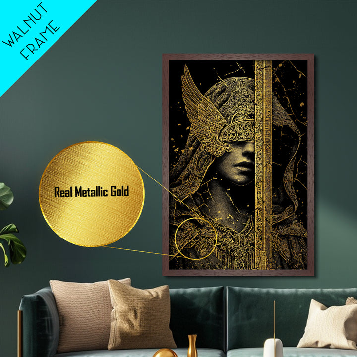 Medusa Mythical Creature Metallic Gold Metal Print, Ancient Serpent Goddess Art, Classical Monster Wall Decor Real Wood Frame