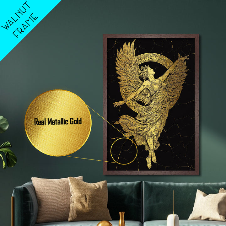 Victory Goddess Nike Metallic Gold Metal Print, Mythology Inspired Wall Art, Real Wood Frame, Luxury Ancient Greek Decor