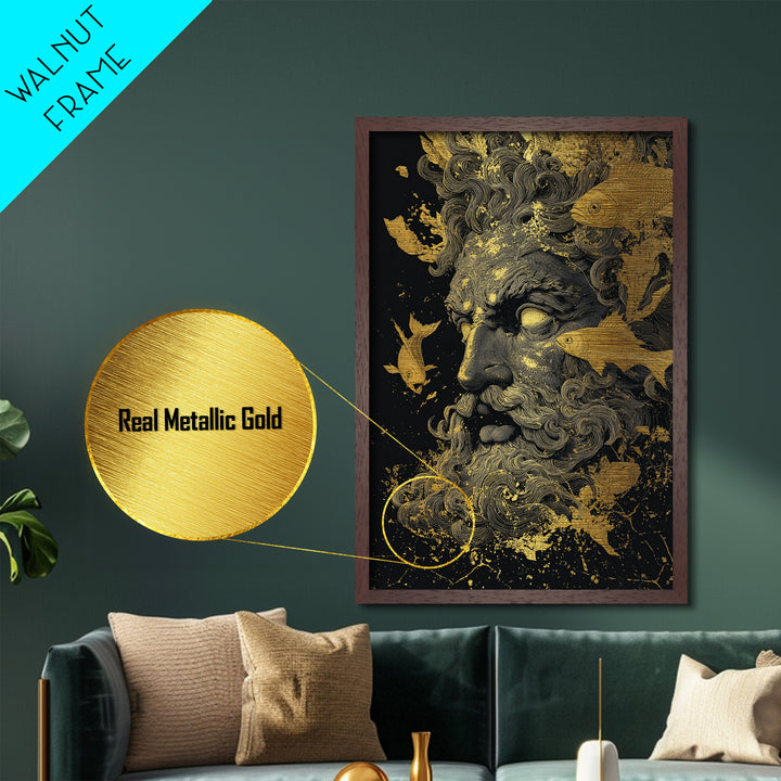 Ocean God Oceanus Metallic Gold Metal Print, Greek Mythology Sea Deity Art, Real Wood Frame, Elegant Nautical Wall Decor