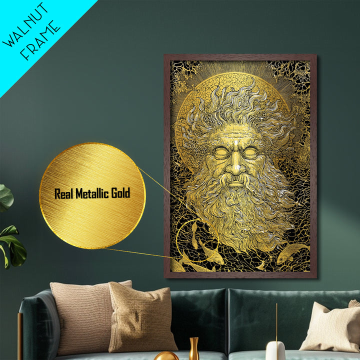 Ancient Sea God Oceanus Metallic Gold Art, Mythological Wall Print, Real Wood Frame, Classical Maritime Inspired Home Decor