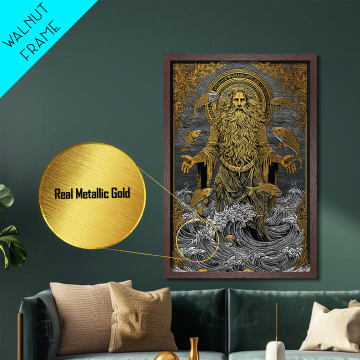 Powerful Titan Oceanus Metallic Gold Metal Print, Greek Mythology Wall Art, Real Wood Frame, Luxury Ocean Inspired Home Accent