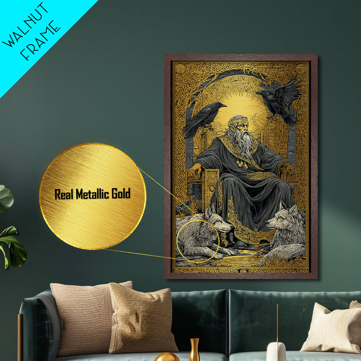 Odin Allfather Metallic Gold Metal Print, Viking Mythology Wall Art, Real Wood Frame, Norse Legend Inspired Decor For Home