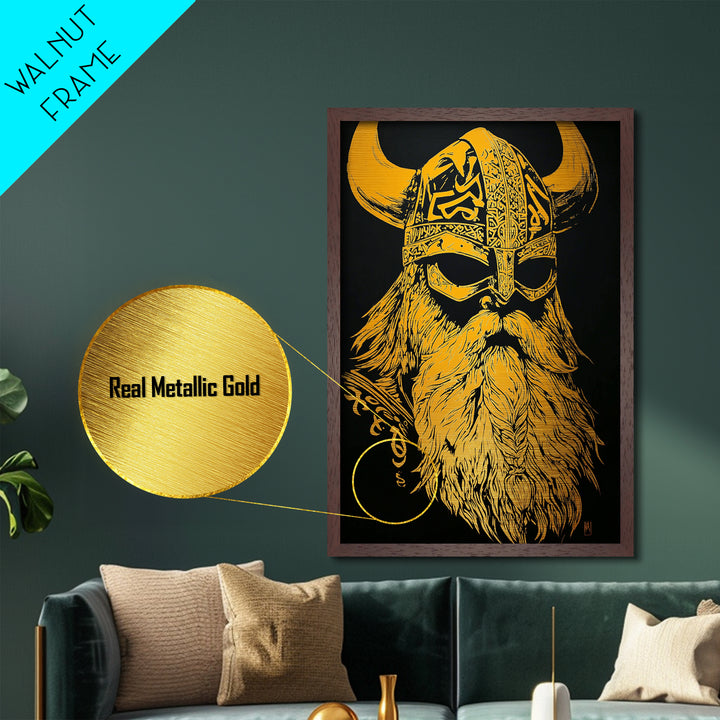 Norse Mythology Odin Metallic Gold Art, Viking Warrior God Metal Print, Real Wood Frame, Ancient Scandinavian Wall Decoration
