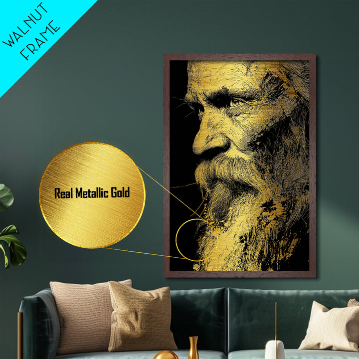 Odin Warrior God Metallic Gold Metal Print, Norse Mythology Inspired Art, Real Wood Frame, Viking Legend Wall Decor Statement