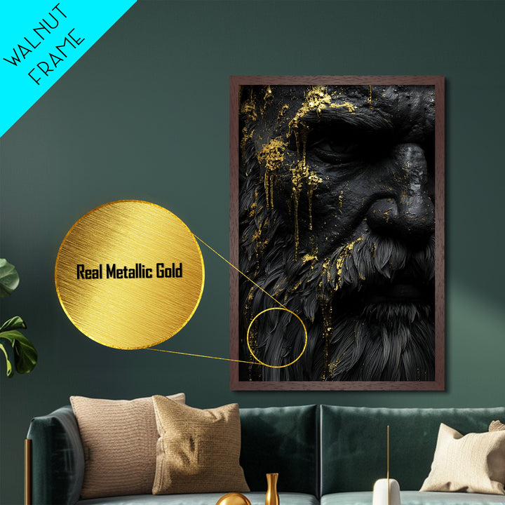 Abstract Mythological Face, Golden Tears Design, Metallic Gold Metal Print, Textured Wall Art, Real Wood Frame, Dramatic Statement