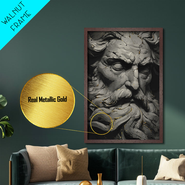 Odin On Throne With Ravens And Wolves, Norse Mythology Decor, Metallic Gold Art, Viking God Print, Real Wood Frame, Nordic Legend