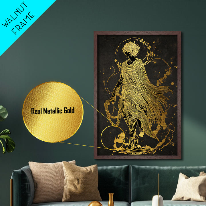 Apollo Figure With Flowing Cloak, Line Art Mythology Design, Metallic Gold Art, Mythical Wall Decor, Real Wood Frame, Elegant Greek