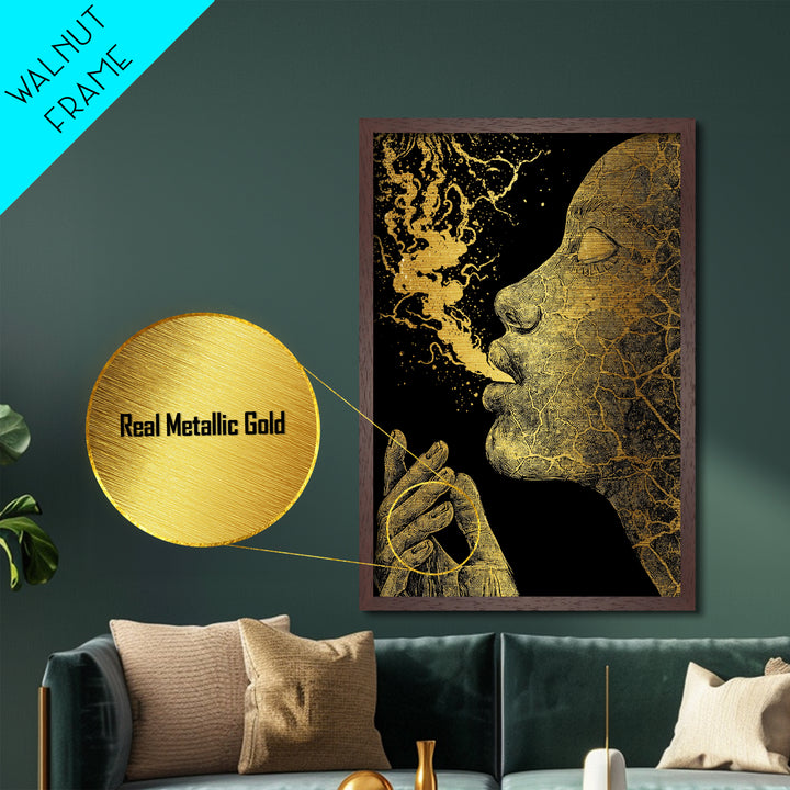 Mystical Goddess Face Exhaling Spirit, Surreal Mythology, Metallic Gold Metal Print, Spiritual Wall Art, Real Wood Frame, Dreamlike
