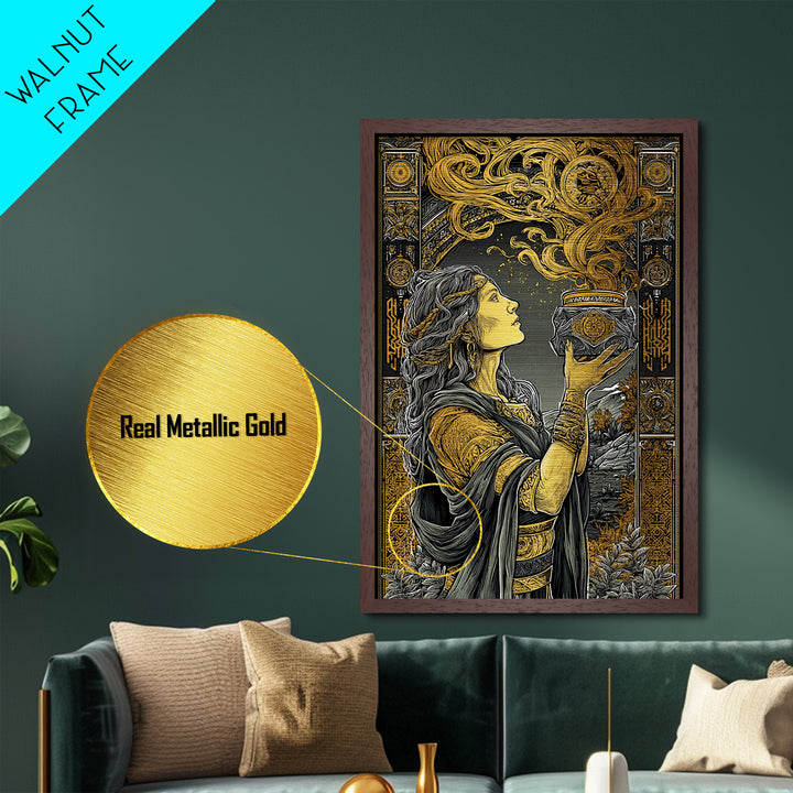 Pandora With Mythical Jar, Ancient Greek Mythology Metallic Gold Art, Detailed Decorative Wall Print, Real Wood Frame, Timeless Classic