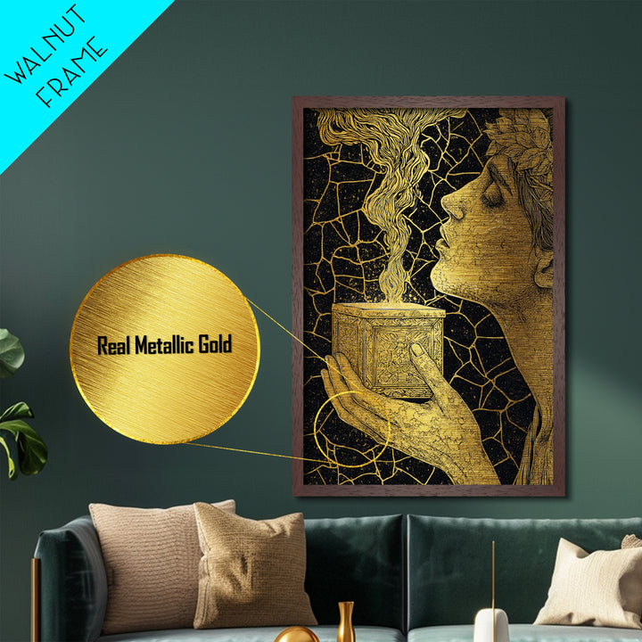 Pandora Opening Mythical Box, Surreal Greek Goddess Design, Metallic Gold Metal Print, Mythological Wall Art, Real Wood Frame, Enchanting