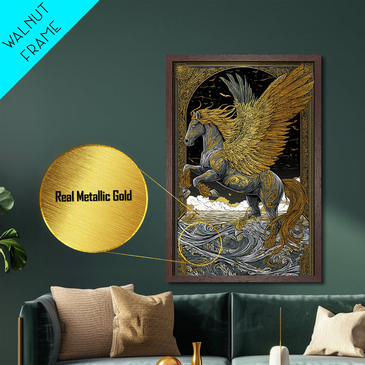 Winged Pegasus Metallic Gold Metal Print, Mythology Wall Art, Luxury Equine Artwork, Real Wood Framed Mythical Decor