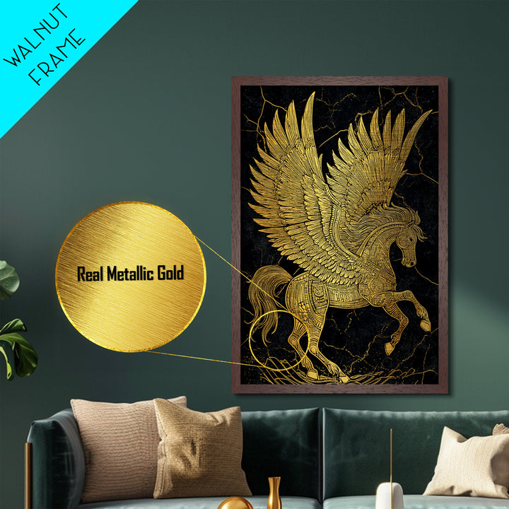 Golden Pegasus Metallic Gold Metal Print, Mythological Horse Artwork, Elegant Home Wall Art, Real Wood Framed Fantasy Decor