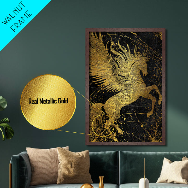 Abstract Pegasus Metallic Gold Art, Mythology Wall Print, Unique Equine Design, Real Wood Framed Modern Mythical Artwork