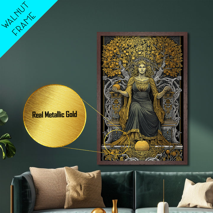 Seated Persephone Metallic Gold Metal Print, Goddess Of Fertility Wall Art, Mythological Decor, Real Wood Framed Artwork