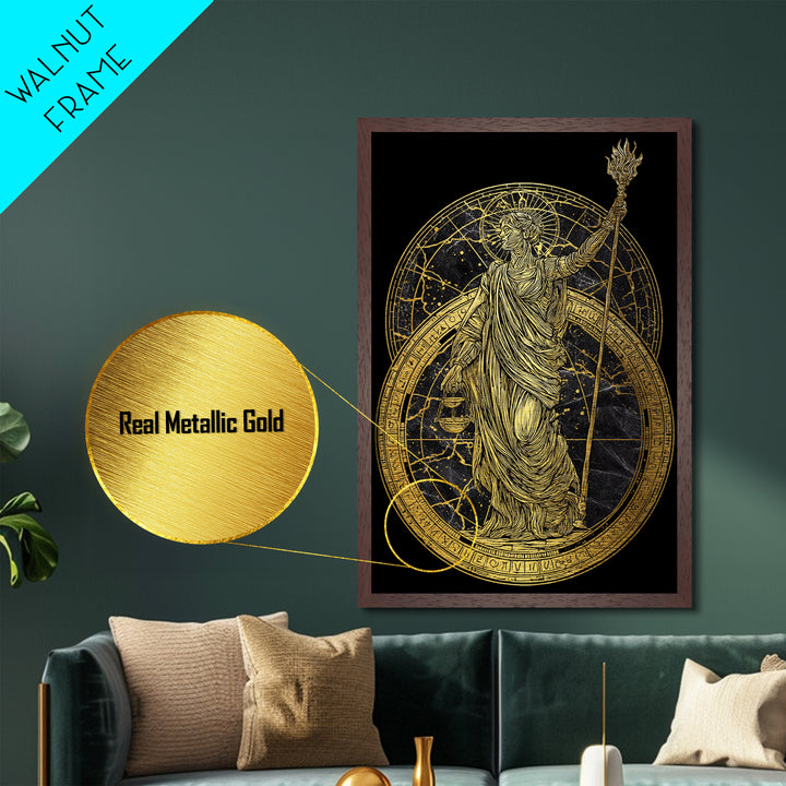 Divine Justice Metallic Gold Metal Print, Goddess With Torch Wall Art, Mythological Decor, Real Wood Framed Elegant Artwork