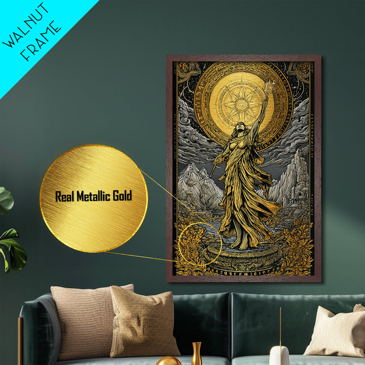 Celestial Goddess Metallic Gold Metal Print, Mythology Wall Art, Radiant Female Figure Artwork, Real Wood Framed Luxurious Decor