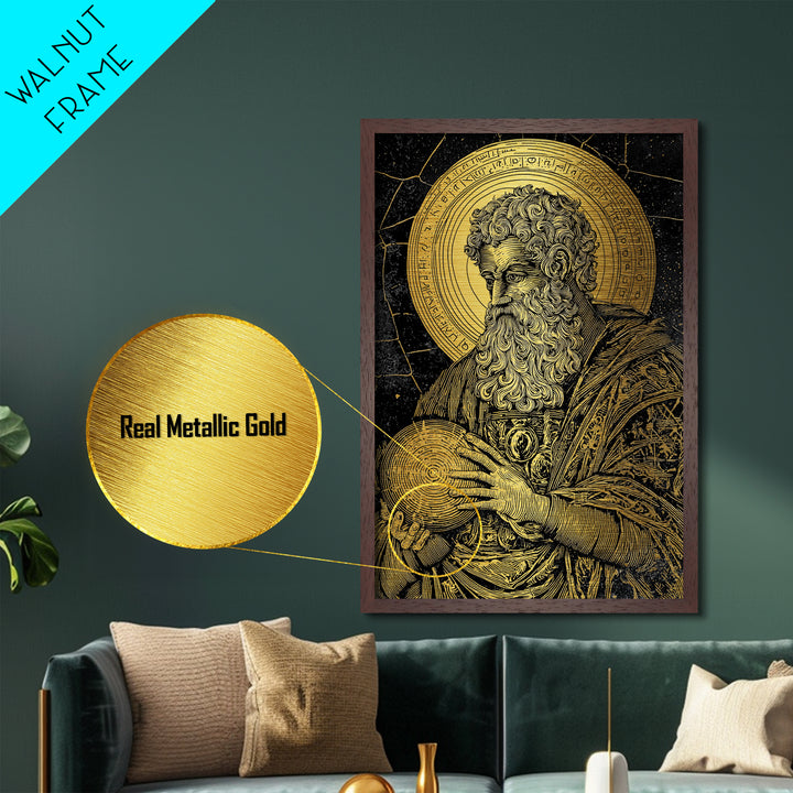 Ancient Philosopher Portrait Metallic Gold Metal Print, Scholar With Cosmic Halo Metallic Gold Art, Real Wood Frame Historical Wall Art