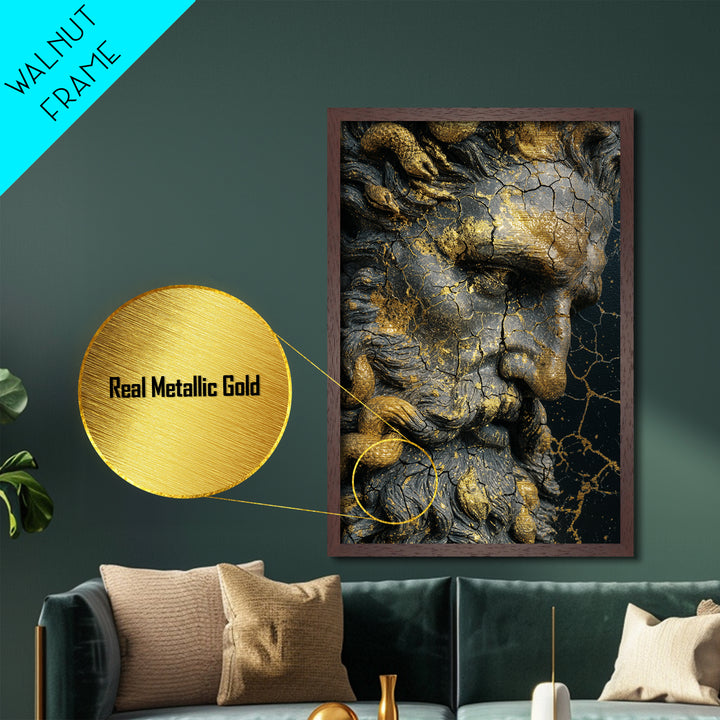 Mythological Sea God Bust Metallic Gold Metal Print, Ancient Ocean Deity Metallic Gold Art, Real Wood Frame Classical Myth Sculpture