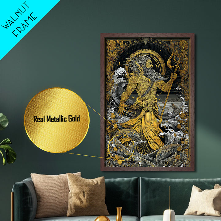 Poseidon Mythical Sea God Metallic Gold Metal Print, Ocean Trident Warrior Metallic Gold Art, Real Wood Frame Ancient Mythology Decor