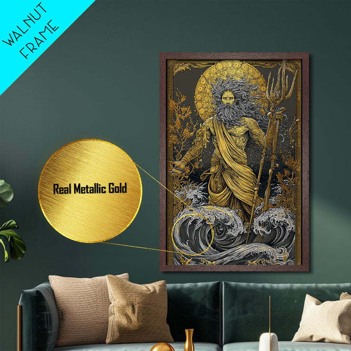 Poseidon Ocean God With Trident Metallic Gold Metal Print, Mythical Sea Deity Metallic Gold Art, Real Wood Frame Mythology Wall Art