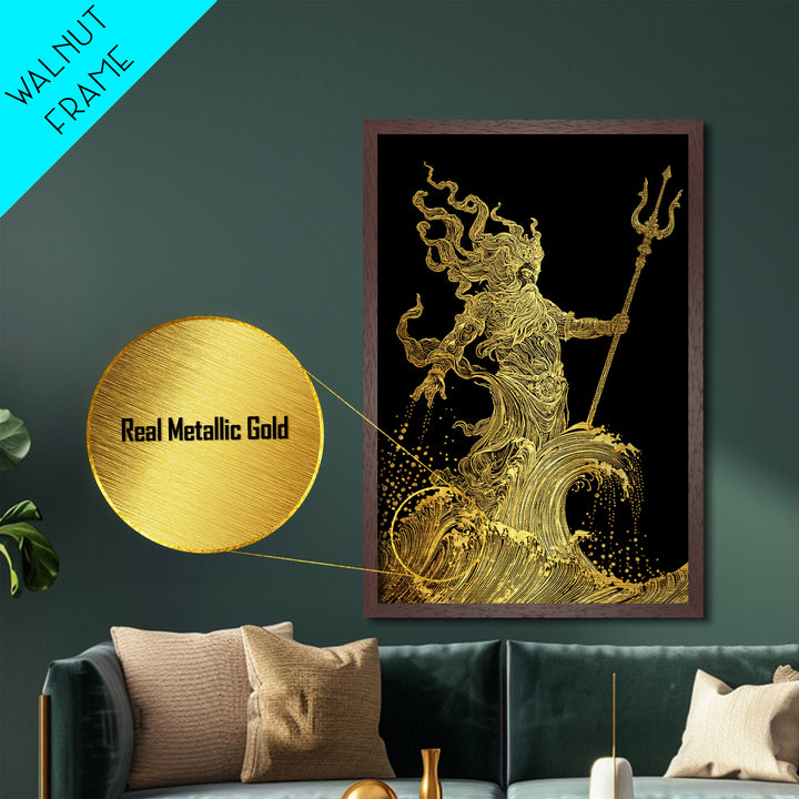 Poseidon Sea God Statue Metallic Gold Metal Print, Ocean Deity With Waves Metallic Gold Art, Real Wood Frame Classical Mythology Decor