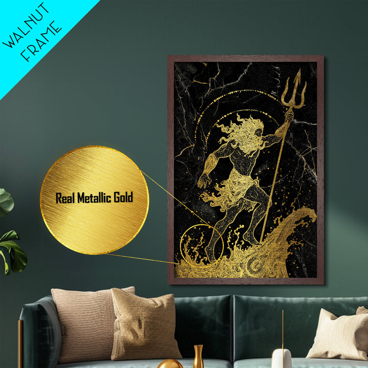 Poseidon Ruler Of The Seas Metallic Gold Metal Print, Ancient Trident God Metallic Gold Art, Real Wood Frame Mythological Wall Decor