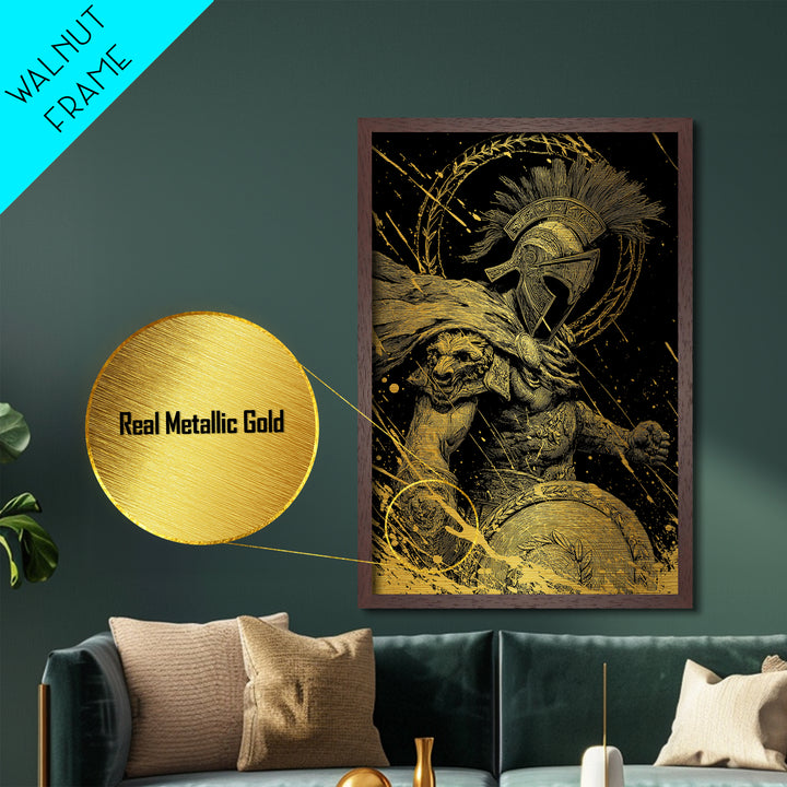 Ares Metallic Gold Metal Print, Greek God Of War Art, Real Wood Frame, Warrior Decor, Mythology Luxury Metal Artwork