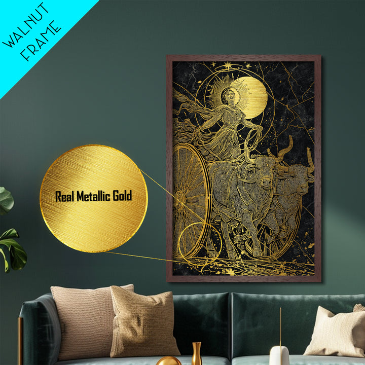 Selene Chariot Metallic Gold Metal Print, Moon Goddess Art, Real Wood Frame, Mythology Decor, Celestial Metal Artwork