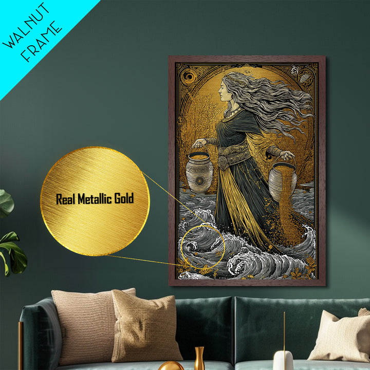 Aquarius Goddess Metallic Gold Metal Print, Mythology Wall Art, Luxury Astrology Artwork, Real Wood Frame, Unique Home Decor