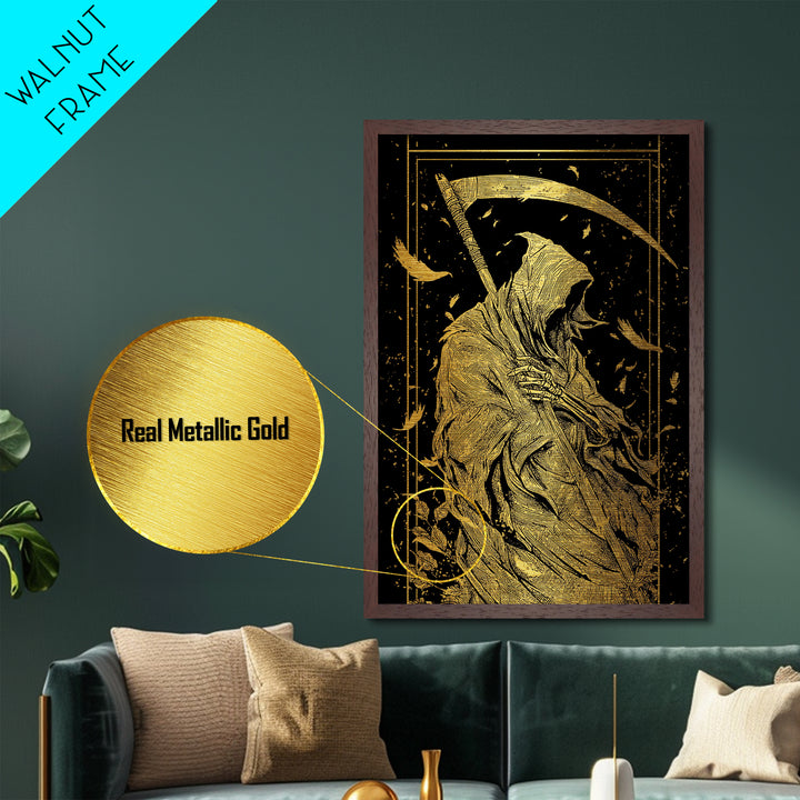Death Figure Metallic Gold Metal Print, Gothic Skeleton Wall Art, Grim Reaper Mythology Artwork, Real Wood Frame, Dark Decor