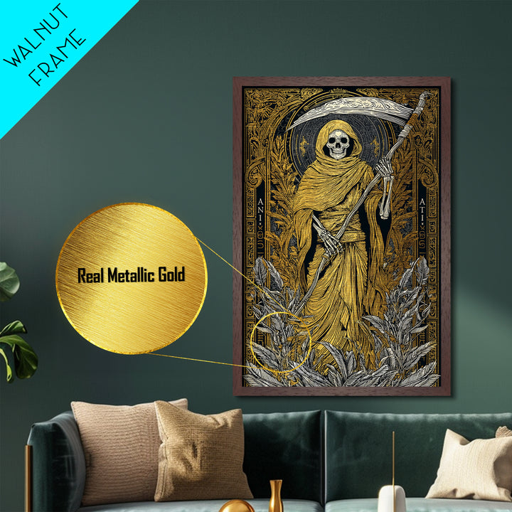 Hooded Skeleton Metallic Gold Metal Print, Grim Reaper Gothic Wall Art, Dark Mythology Artwork, Real Wood Frame, Unique Decor