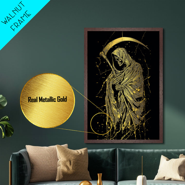 Skeleton With Scythe Metallic Gold Metal Print, Gothic Mythology Artwork, Grim Reaper Wall Art, Real Wood Frame, Macabre Decor