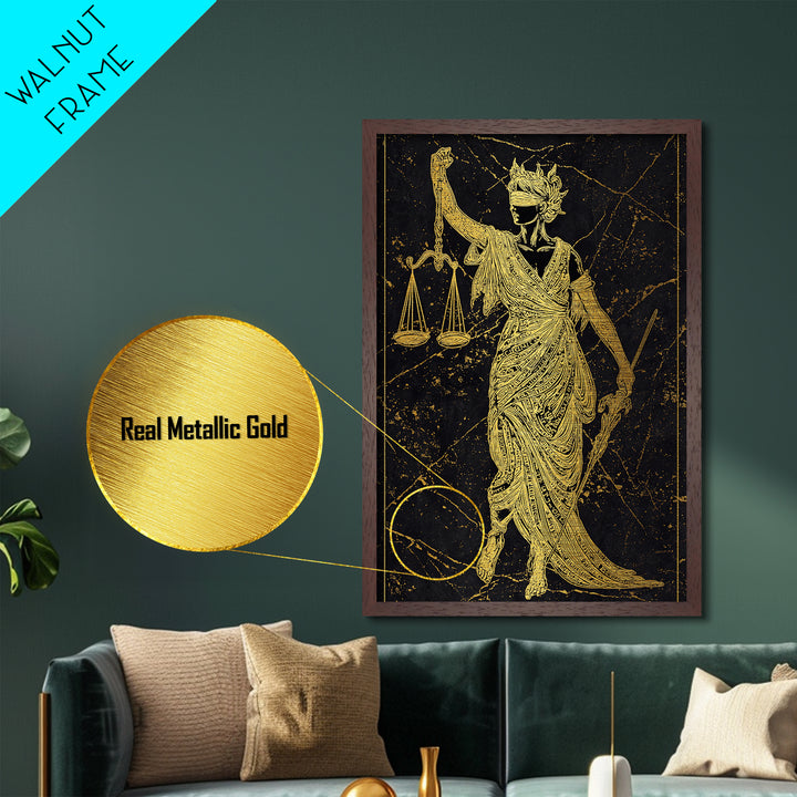 Justice Goddess Metallic Gold Metal Print, Mythology Law And Order Wall Art, Balance Artwork, Real Wood Frame, Statement Decor