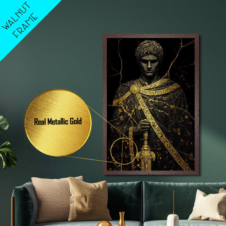 Gladiator Metallic Gold Metal Print, Roman Warrior Wall Art, Ancient History Artwork, Mythology Inspired Home Decor, Real Wood Frame