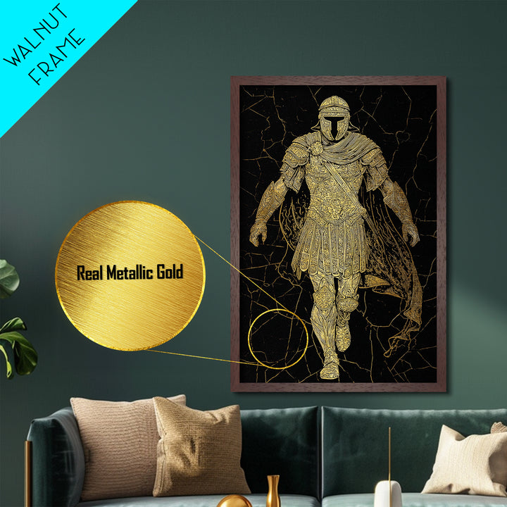 Heroic Roman Metallic Gold Metal Print, Ancient Warrior Wall Art, Luxury Mythology Decor, Historical Emperor Artwork, Real Wood Frame