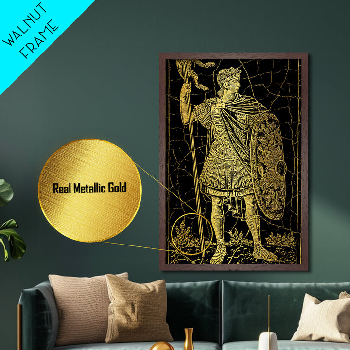 Roman Warrior With Shield, Metallic Gold Metal Print, Mythology Inspired Wall Art, Real Wood Framed Artwork