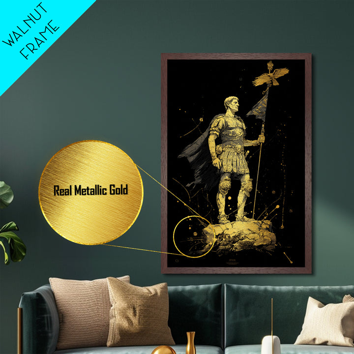 Roman General Holding Standard, Metallic Gold Metal Print, Classical History Inspired Wall Decor, Real Wood Frame