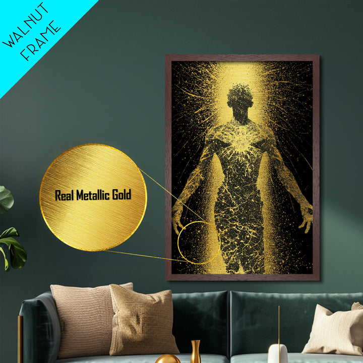 Golden Cosmic Silhouette, Metallic Gold Metal Print, Abstract Mythology Inspired Wall Decor, Real Wood Frame